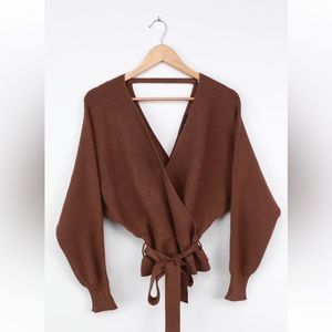 Brown Knit Faux-Wrap Sweater
